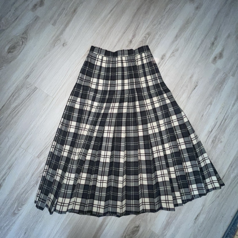 VTG Norm Thompson Tartan 100% Wool Pleat Skirt Preppy Green White Sz 8